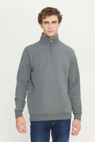 Erkek Antrasit-melanj Standart Fit Içi Polarlı Fermuarlı Dik Bato Yaka Pamuklu Sweatshirt - Antrasit-Melanj - 4
