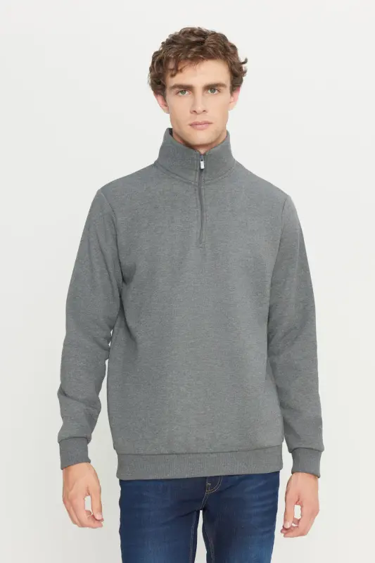 Erkek Antrasit-melanj Standart Fit Içi Polarlı Fermuarlı Dik Bato Yaka Pamuklu Sweatshirt - Antrasit-Melanj - 4