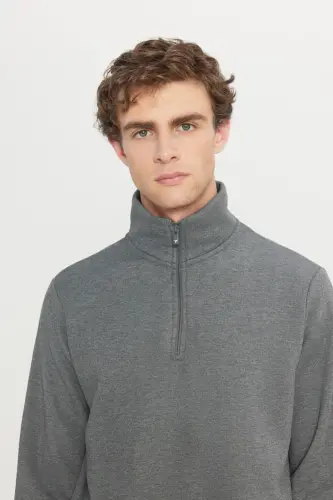 Erkek Antrasit-melanj Standart Fit Içi Polarlı Fermuarlı Dik Bato Yaka Pamuklu Sweatshirt - Antrasit-Melanj - 5