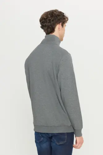 Erkek Antrasit-melanj Standart Fit Içi Polarlı Fermuarlı Dik Bato Yaka Pamuklu Sweatshirt - Antrasit-Melanj - 6