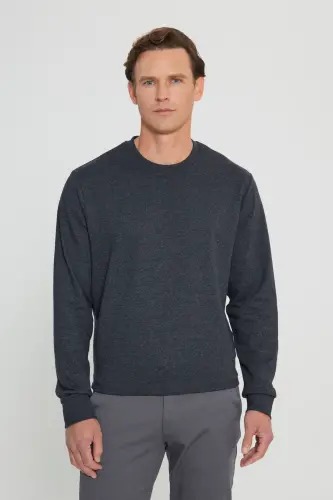 Erkek Antrasit-Melanj Standart Fit Normal Kesim 2 İplik Recycle Pamuklu Bisiklet Yaka Sweatshirt - Antrasit-Melanj - 3