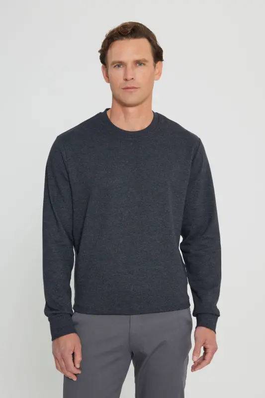 Erkek Antrasit-Melanj Standart Fit Normal Kesim 2 İplik Recycle Pamuklu Bisiklet Yaka Sweatshirt - Antrasit-Melanj - 3