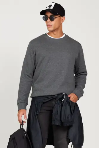 Erkek Antrasit-melanj Standart Fit Normal Kesim Içi Polarlı 3 Iplik Bisiklet Yaka Sweatshirt - Antrasit-Melanj 