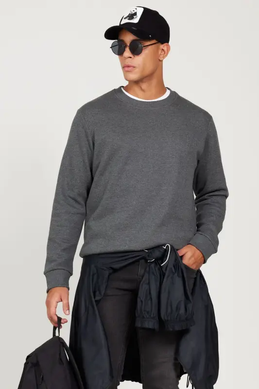 Erkek Antrasit-melanj Standart Fit Normal Kesim Içi Polarlı 3 Iplik Bisiklet Yaka Sweatshirt - Antrasit-Melanj - 1