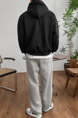 Erkek Siyah Düz Kapüşonlu Oversize 3 iplik Şardonlu Salaş Bol Kesim Hoodie Sweatshirt-Siyah - 2