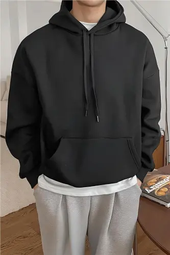 Erkek Siyah Düz Kapüşonlu Oversize 3 iplik Şardonlu Salaş Bol Kesim Hoodie Sweatshirt-Siyah - 3