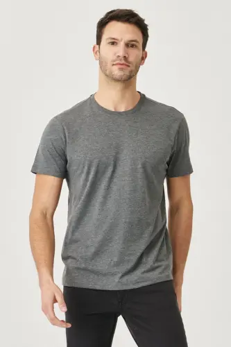 Erkek Antrasit Pamuklu Slim Fit Dar Kesim Bisiklet Yaka Basic Tişört-Antrasit - 1