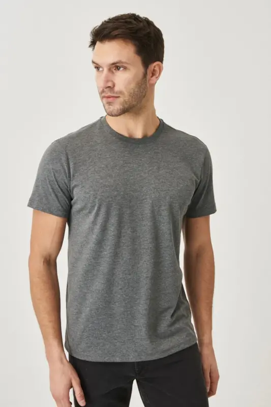 Erkek Antrasit Pamuklu Slim Fit Dar Kesim Bisiklet Yaka Basic Tişört-Antrasit - 3