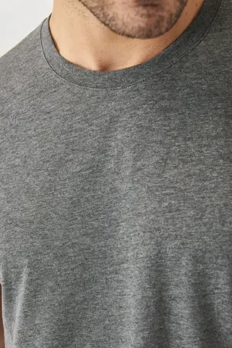 Erkek Antrasit Pamuklu Slim Fit Dar Kesim Bisiklet Yaka Basic Tişört-Antrasit - 4