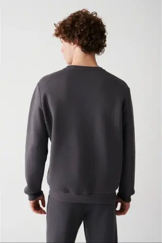 Erkek Antrasit Şardonlu Kumaş Bisiklet Yaka Basic Sweatshirt E001017 - Antrasit - 4