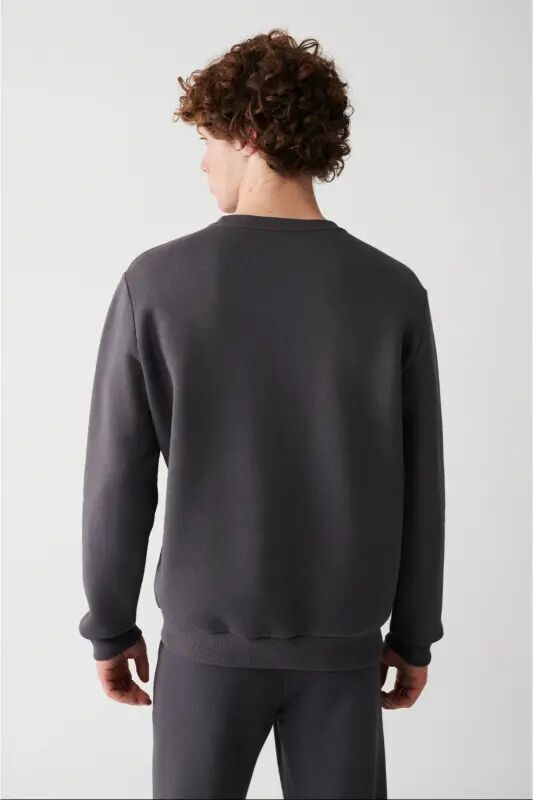 Erkek Antrasit Şardonlu Kumaş Bisiklet Yaka Basic Sweatshirt E001017 - Antrasit - 4