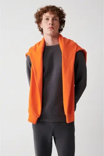 Erkek Antrasit Şardonlu Kumaş Bisiklet Yaka Basic Sweatshirt E001017 - Antrasit - 5