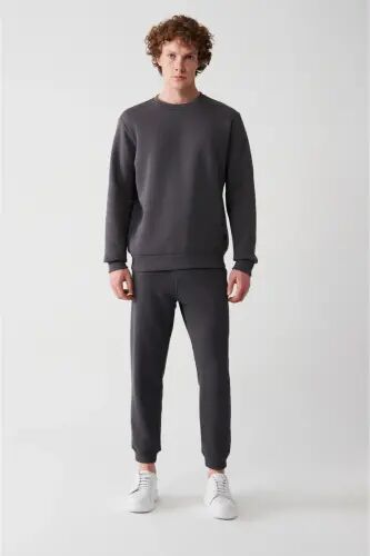 Erkek Antrasit Şardonlu Kumaş Bisiklet Yaka Basic Sweatshirt E001017 - Antrasit - 6