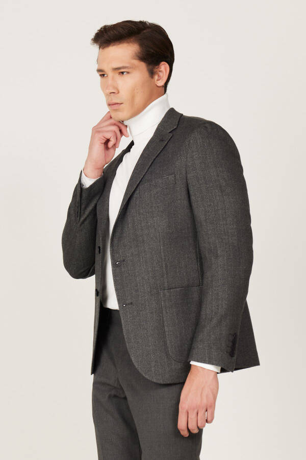 Erkek Antrasit Slim Fit Dar Kesim Mono Yaka Desenli Yünlü Blazer Ceket - 3