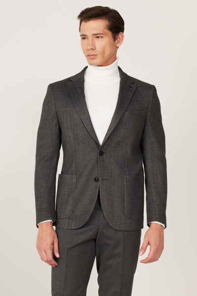Erkek Antrasit Slim Fit Dar Kesim Mono Yaka Desenli Yünlü Blazer Ceket - 4