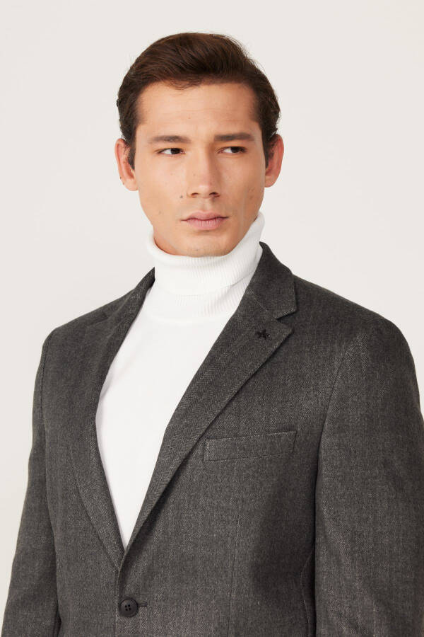 Erkek Antrasit Slim Fit Dar Kesim Mono Yaka Desenli Yünlü Blazer Ceket - 5