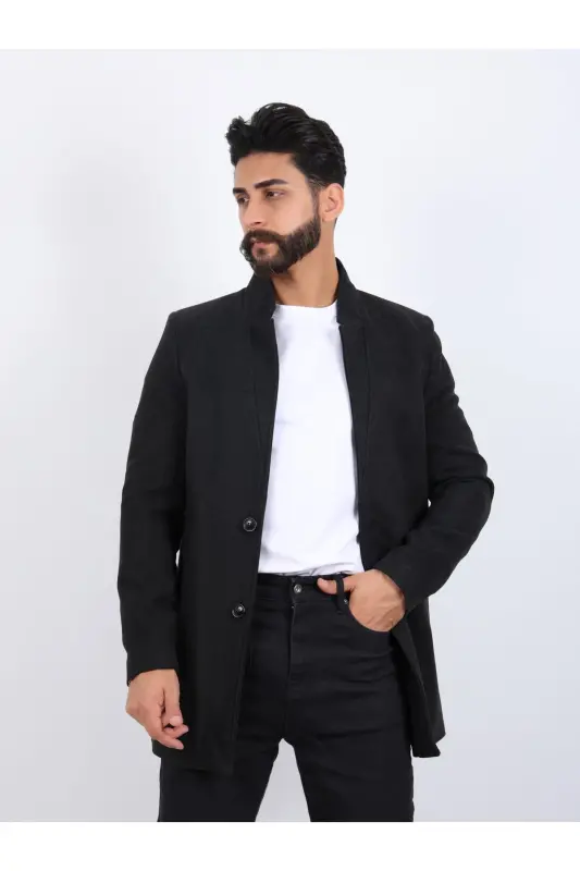 Erkek Antrasit Slim Fit Dik Yaka Kaşe Kaban - ANTRASİT - 1