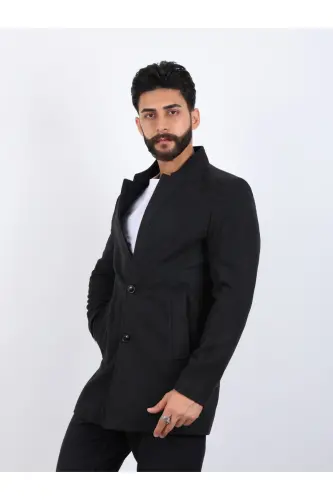 Erkek Antrasit Slim Fit Dik Yaka Kaşe Kaban - ANTRASİT - 2