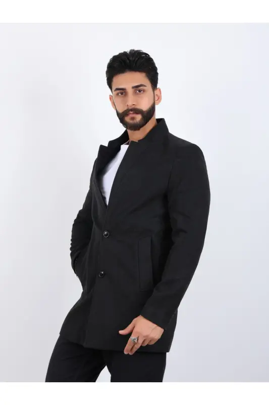 Erkek Antrasit Slim Fit Dik Yaka Kaşe Kaban - ANTRASİT - 2