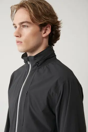 Erkek Antrasit Dik Yaka Kapüşonlu Fermuarlı Su itici Bi-Stretch Comfort Fit Mont A41Y6035 - Antrasit - 2