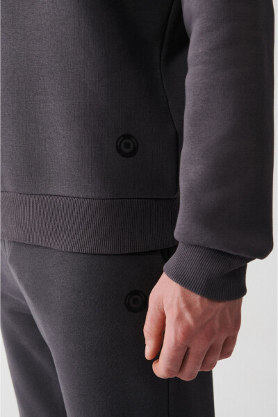 Erkek Antrasit Bisiklet Yaka 3 Iplik Şardonlu Pamuklu Sweatshirt E001017-Antrasit - 9