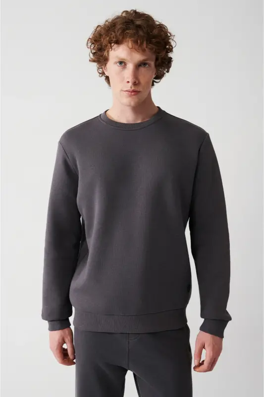 Erkek Antrasit Şardonlu Kumaş Bisiklet Yaka Basic Sweatshirt E001017 - Antrasit - 1