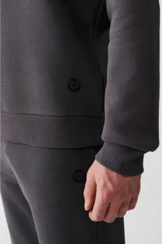 Erkek Antrasit Şardonlu Kumaş Bisiklet Yaka Basic Sweatshirt E001017 - Antrasit - 3
