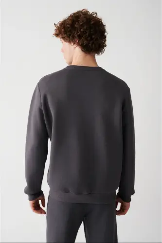 Erkek Antrasit Şardonlu Kumaş Bisiklet Yaka Basic Sweatshirt E001017 - Antrasit - 4