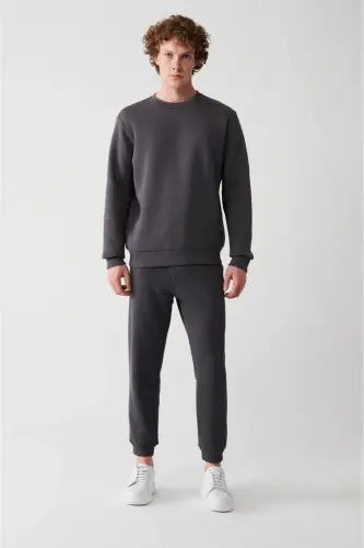 Erkek Antrasit Şardonlu Kumaş Bisiklet Yaka Basic Sweatshirt E001017 - Antrasit - 6