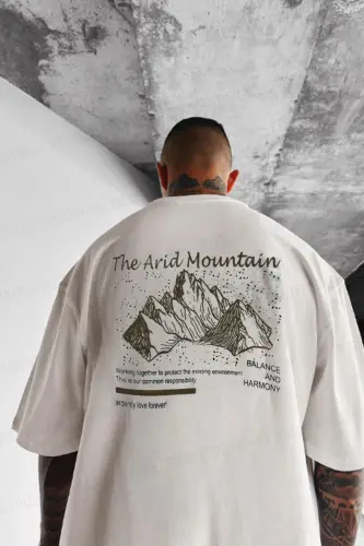 Erkek Arid Mountain Oversize Ekru Beyaz Salas T-Shirt-Ekru - 1