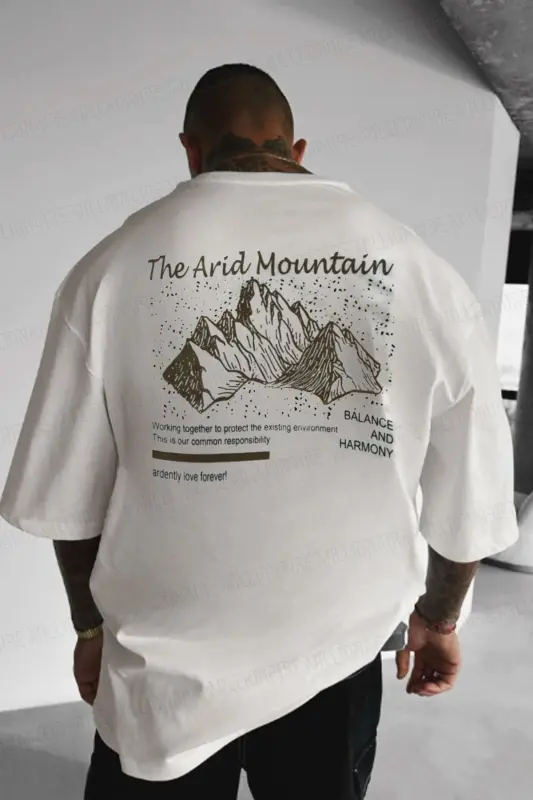 Erkek Arid Mountain Oversize Ekru Beyaz Salas T-Shirt-Ekru - 2