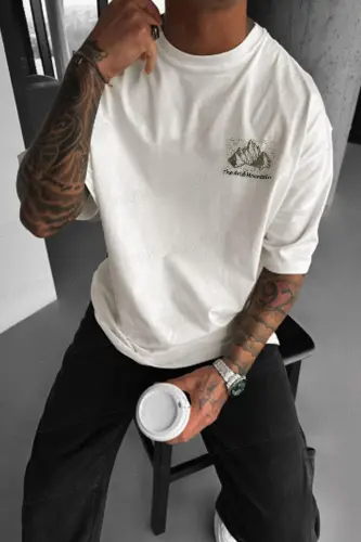 Erkek Arid Mountain Oversize Ekru Beyaz Salas T-Shirt-Ekru - 3