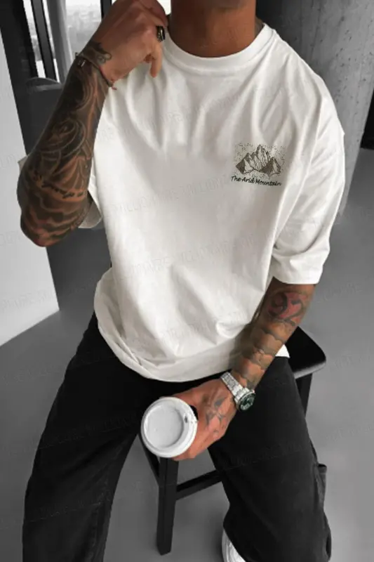 Erkek Arid Mountain Oversize Ekru Beyaz Salas T-Shirt-Ekru - 3