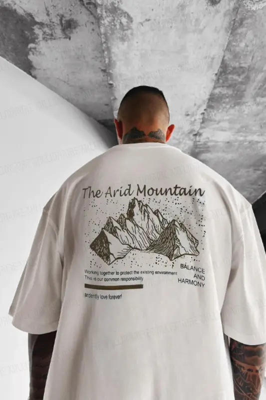 Erkek Arid Mountain Oversize Ekru Beyaz Salas T-Shirt-Ekru - 1