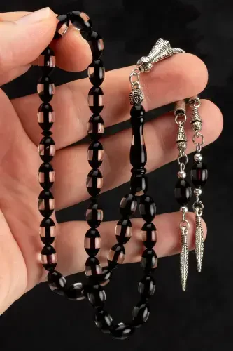 Erkek Arpa Kesim Siyah Sürmeli Toz Kehribar Tesbih-Siyah Şeffaf - 1