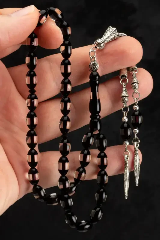 Erkek Arpa Kesim Siyah Sürmeli Toz Kehribar Tesbih-Siyah Şeffaf - 1