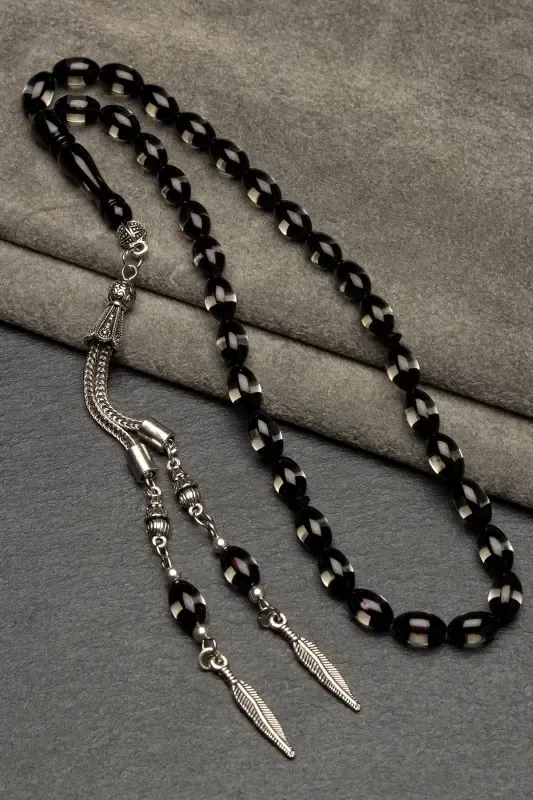 Erkek Arpa Kesim Siyah Sürmeli Toz Kehribar Tesbih-Siyah Şeffaf - 3
