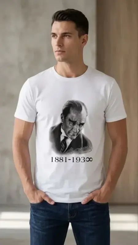Erkek Atatürk Baskılı Tişört Kısa Kollu Bisiklet Yaka T-Shirt - Beyaz - 3