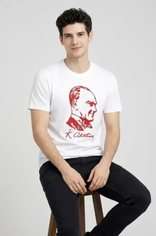 Erkek Atatürk Baskılı Tişört Kısa Kollu Bisiklet Yaka T-Shirt - Beyaz - 1