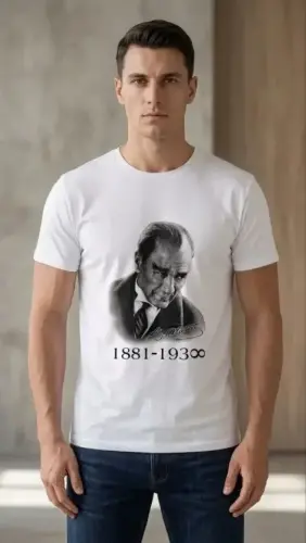 Erkek Atatürk Baskılı Tişört Kısa Kollu Bisiklet Yaka T-Shirt - Beyaz - 1