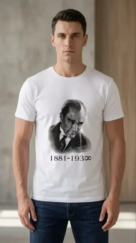 Erkek Atatürk Baskılı Tişört Kısa Kollu Bisiklet Yaka T-Shirt - Beyaz - BÜYÜKBEDENIZ