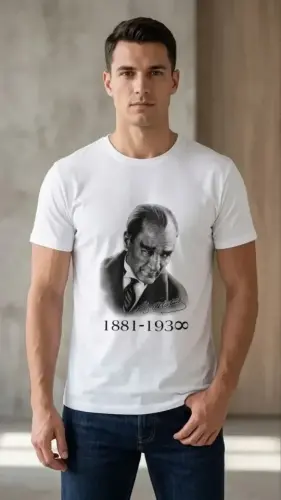 Erkek Atatürk Baskılı Tişört Kısa Kollu Bisiklet Yaka T-Shirt - Beyaz - BÜYÜKBEDENIZ (1)