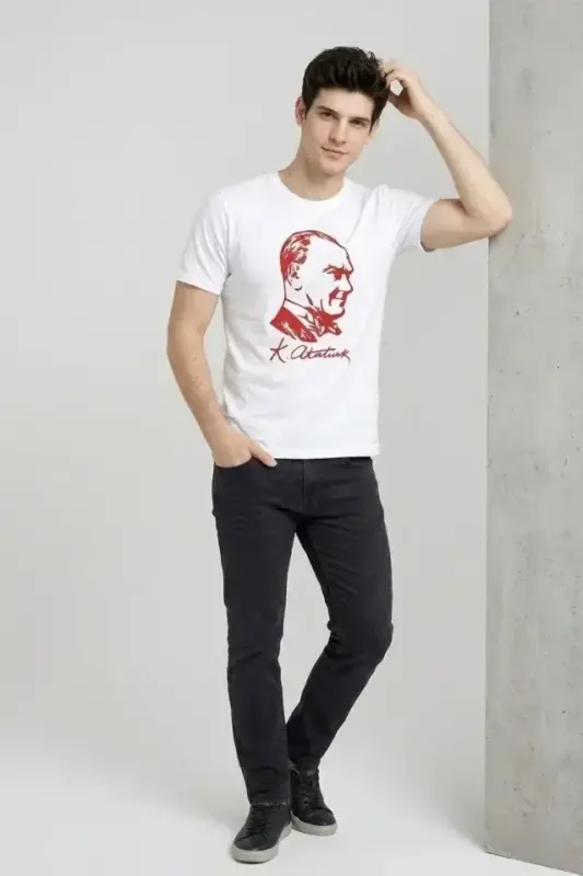 Erkek Atatürk Baskılı Tişört Kısa Kollu Bisiklet Yaka T-Shirt - Beyaz - 2