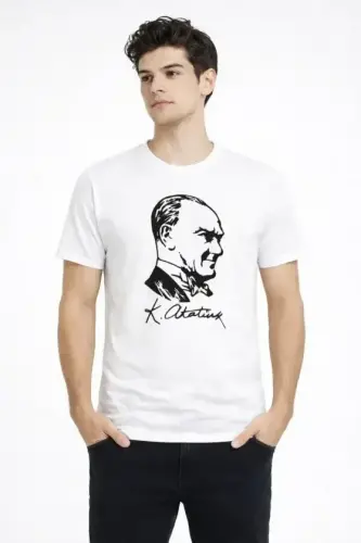 Erkek Atatürk Baskılı Tişört Kısa Kollu Bisiklet Yaka T-Shirt - Beyaz - 1