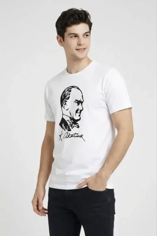 Erkek Atatürk Baskılı Tişört Kısa Kollu Bisiklet Yaka T-Shirt - Beyaz - 2