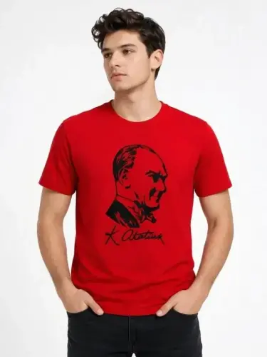 Erkek Atatürk Baskılı Tişört Kısa Kollu Bisiklet Yaka T-Shirt - Kırmızı - 2