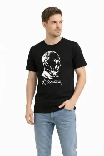 Erkek Atatürk Baskılı Tişört Kısa Kollu Bisiklet Yaka T-Shirt - Siyah - 3