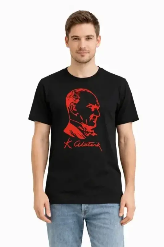 Erkek Atatürk Baskılı Tişört Kısa Kollu Bisiklet Yaka T-Shirt - Siyah - 1
