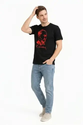 Erkek Atatürk Baskılı Tişört Kısa Kollu Bisiklet Yaka T-Shirt - Siyah - 2