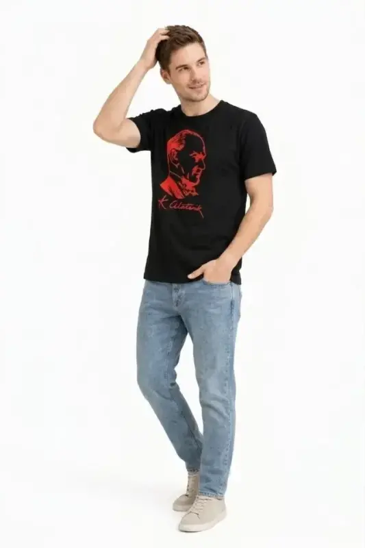 Erkek Atatürk Baskılı Tişört Kısa Kollu Bisiklet Yaka T-Shirt - Siyah - 2